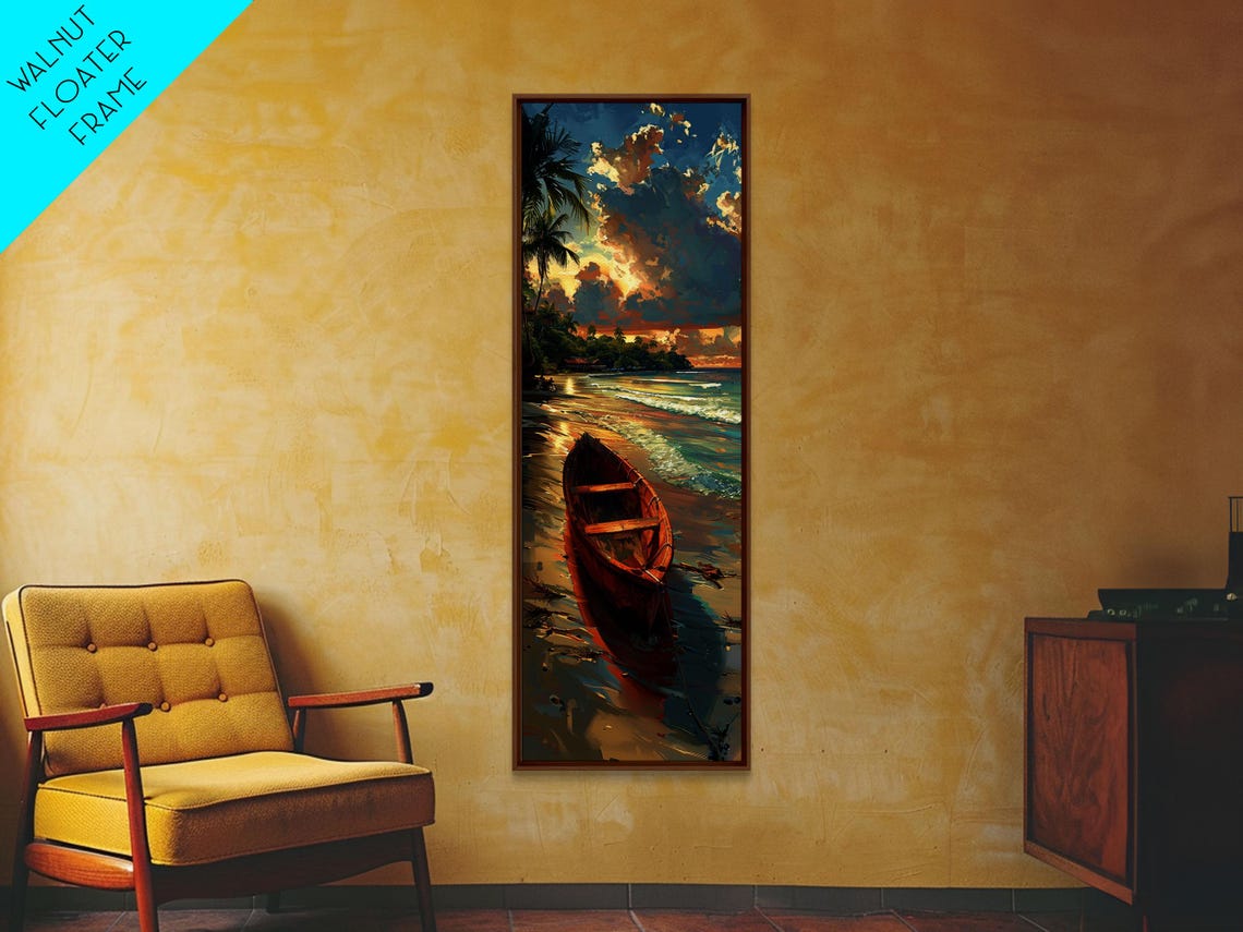 Red Boat Tropical Shoreline Sunset Palms Dramatic Clouds Art Poster - Image 6