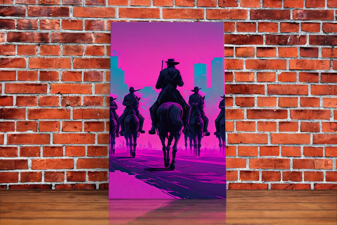 Post Apocalyptic Cowboys Horseback Neon Pink City Skyline Poster - Image 5