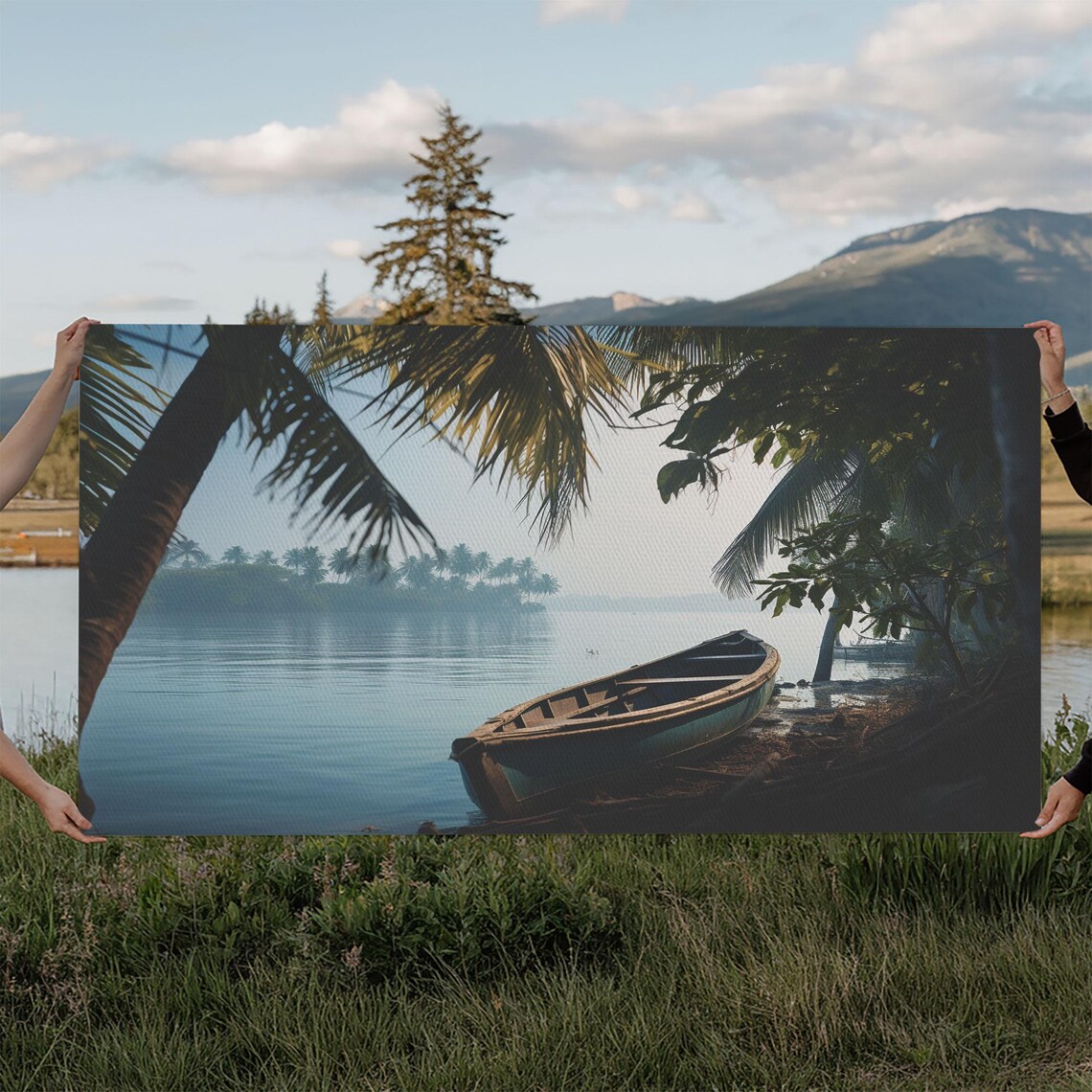 Old Wooden Canoe Misty Tropical Lake Shore Dawn Serene Travel Poster - Image 6