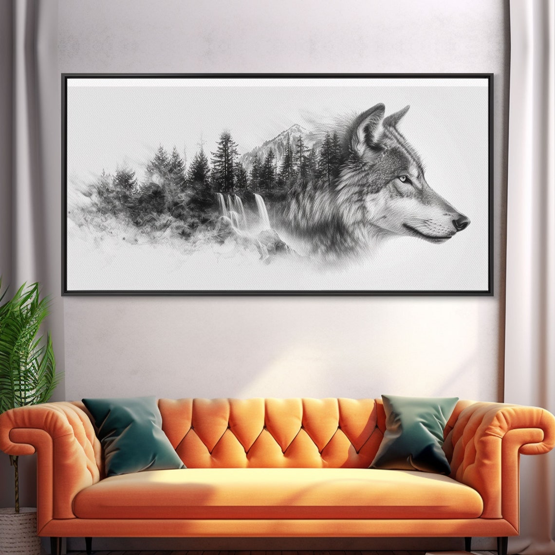 Wild Gray Wolf Head Pine Forest Waterfall Double Exposure Poster - Image 5