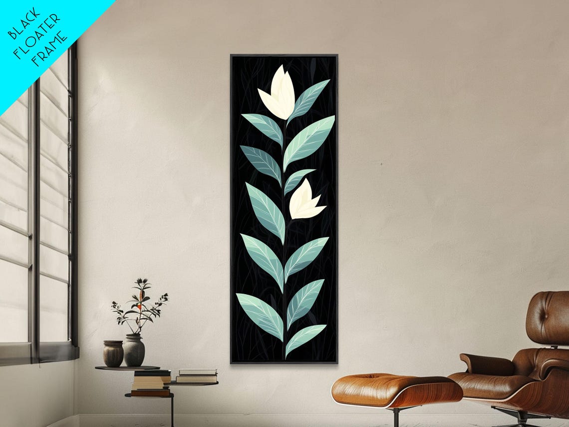 Mid Century Modern Botanical Cream Flowers On Black Art Poster - Image 3