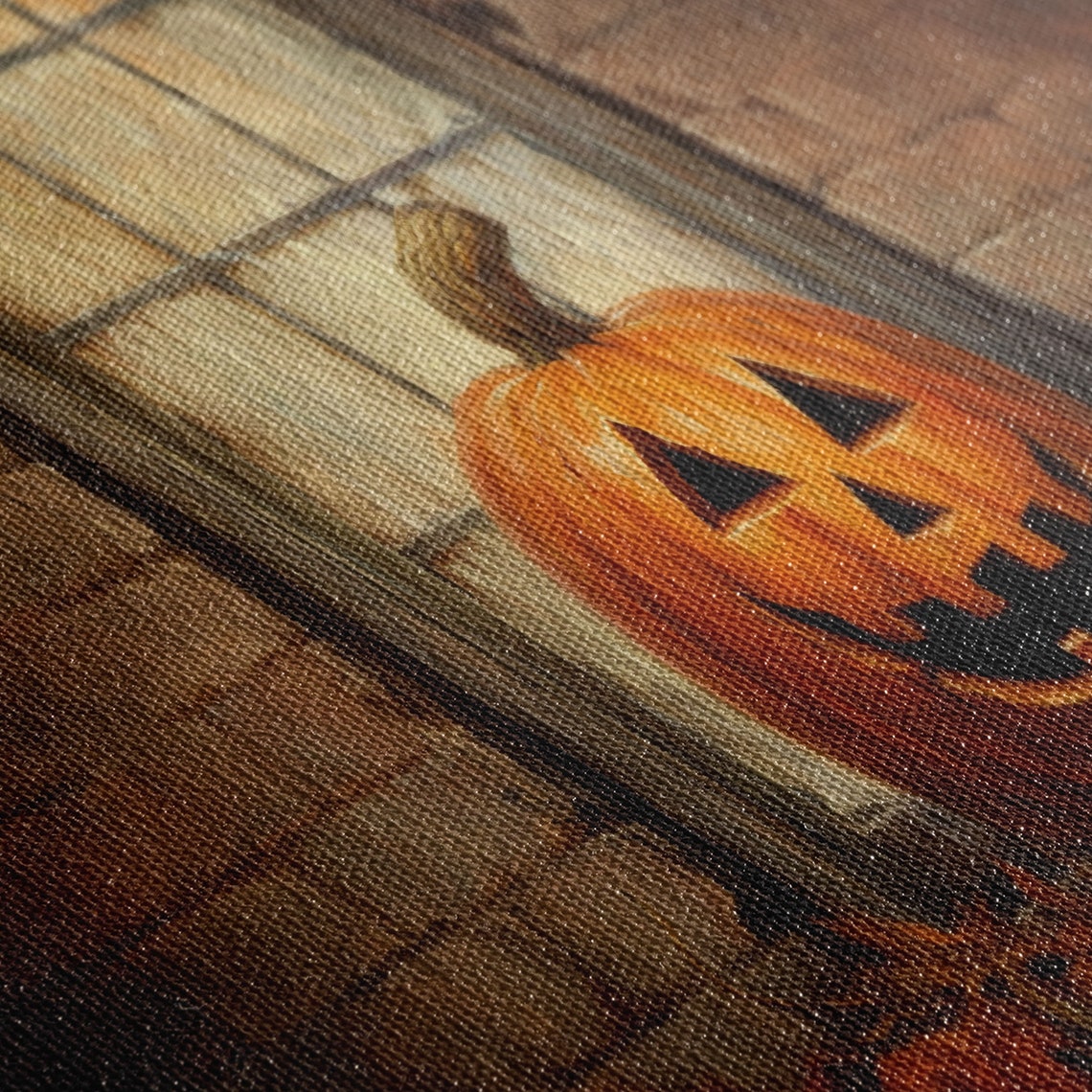 Jack O Lanterns On Old Window Sill With Autumn Leaves Poster - Image 2