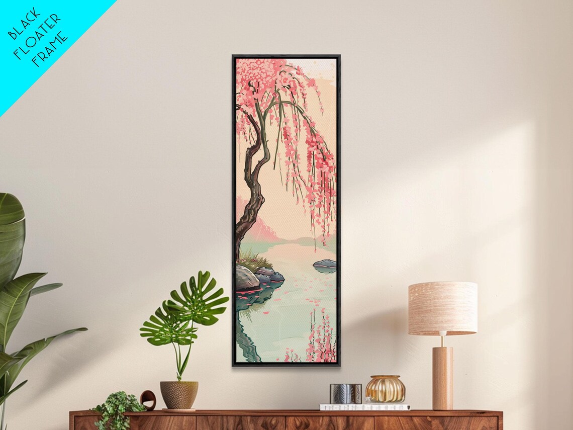 Serene Weeping Cherry Tree With Gentle Reflections In Water Skinny Art Japanese Wall Decor Framed Print Ukiyo E Style - Image 6