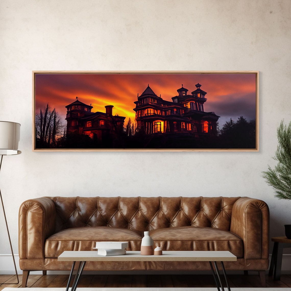 Spooky Victorian Haunted House At Sunset With Glowing Windows Wall Art - Image 6