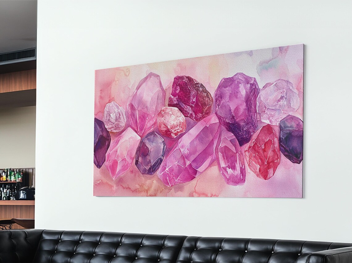 Pink Purple Gemstone Crystals Watercolor Pastel Magical Horizontal Poster - Image 2