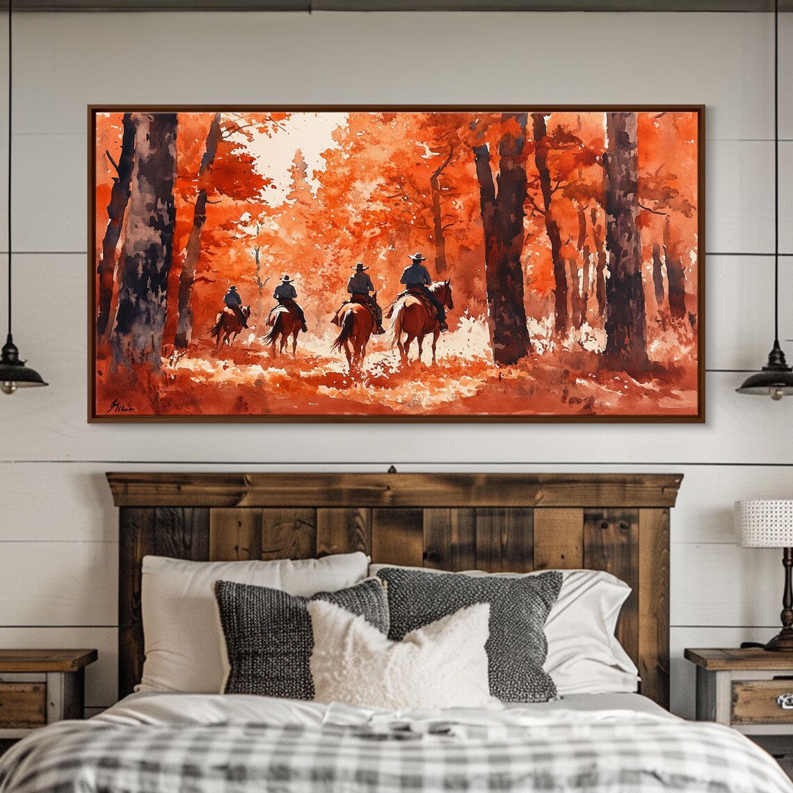 Cowboys Riding Into Blazing Red Autumn Forest Trail Art Print - Image 4