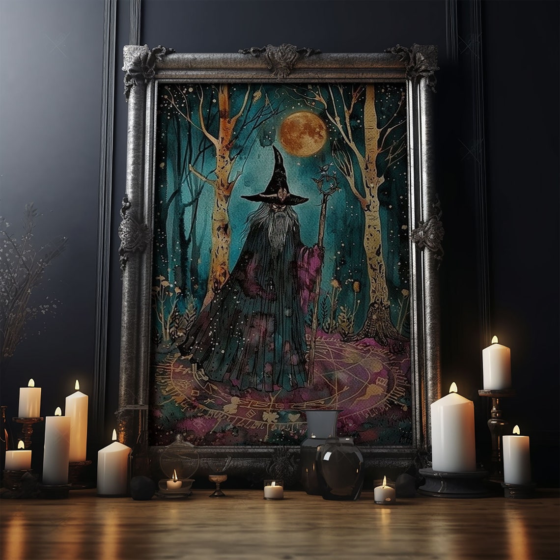 Bearded Wizard Moonlit Forest Full Moon Magic Fantasy Art Wall Poster - Image 4