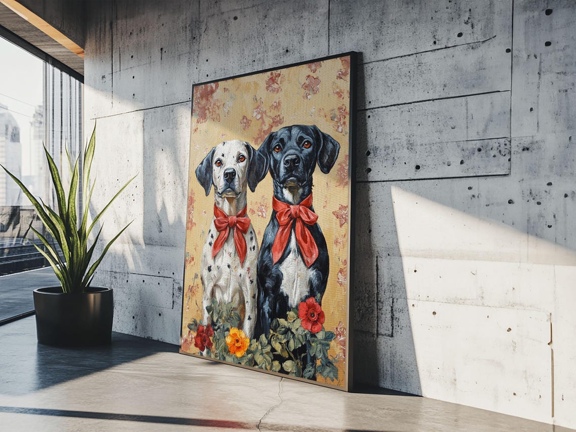 Two Dogs With Red Bows Floral Background Vintage Pet Portrait Poster - Image 2