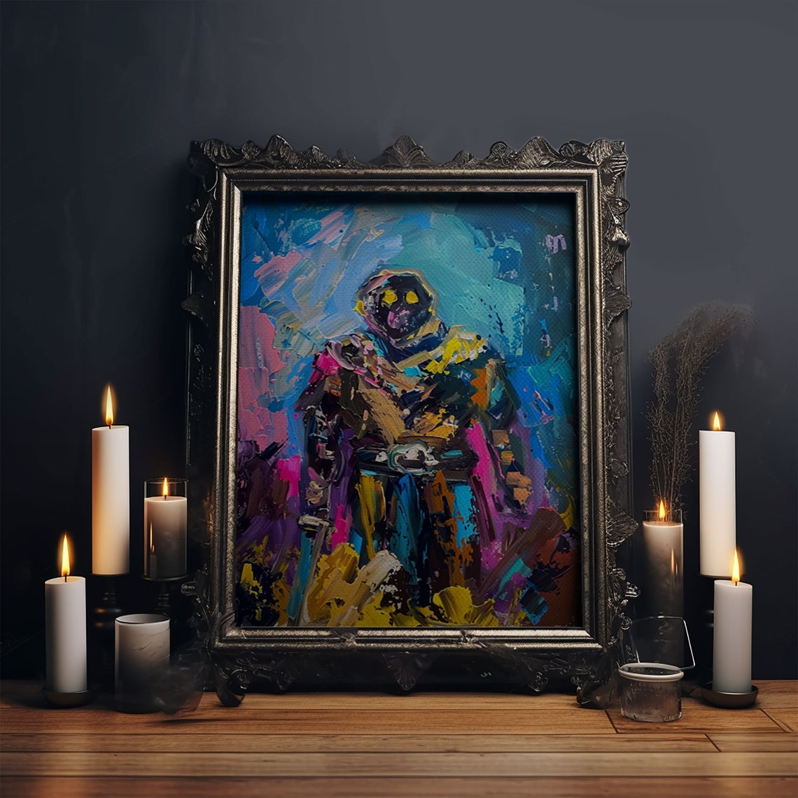 Abstract Skeleton Warrior Glowing Eyes Colorful Impasto Art Poster - Image 5
