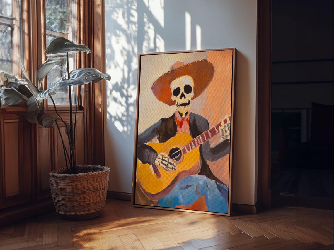 Skeleton Cowboy Guitar Player Dia De Muertos Folk Art Wall Poster - Image 2