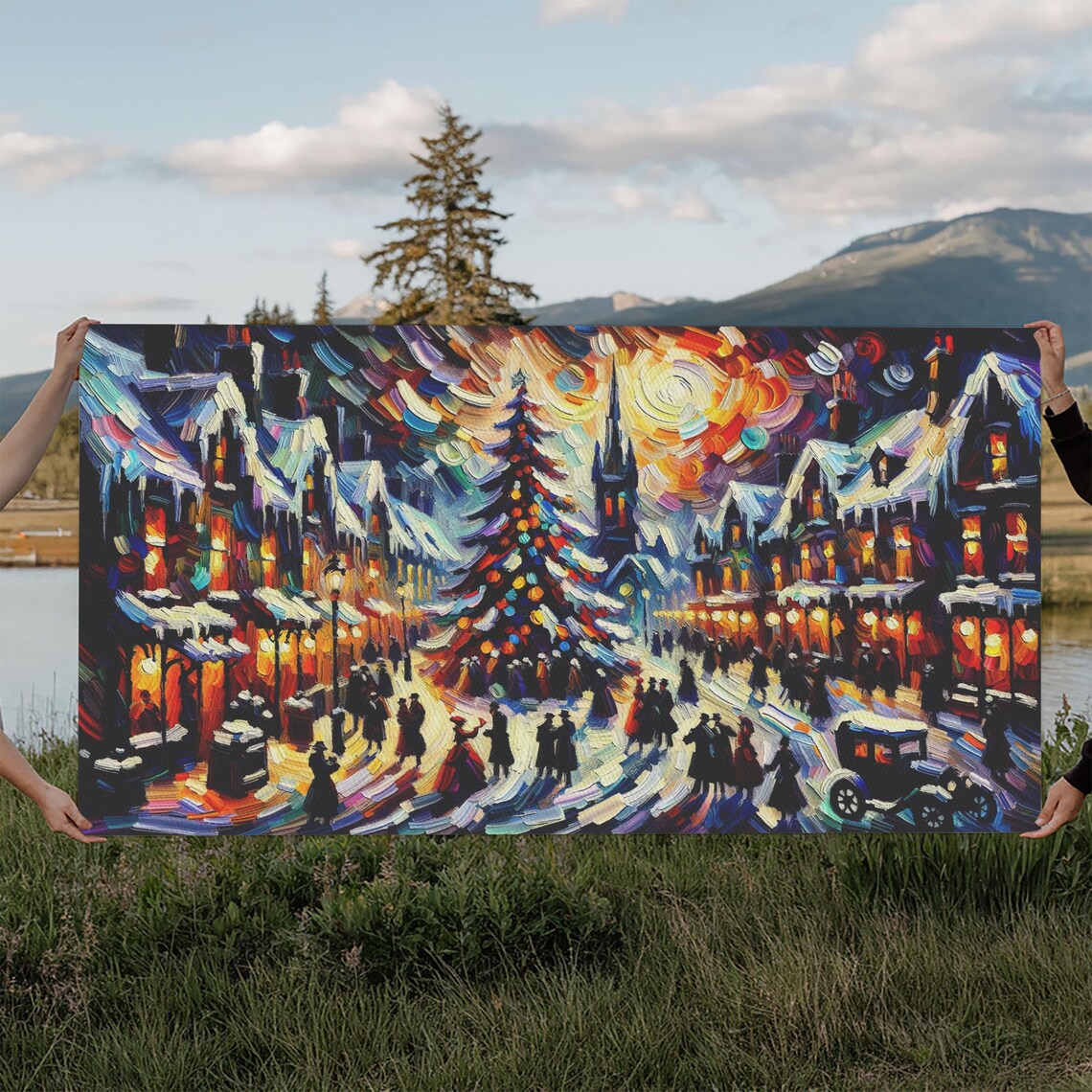 Impasto Christmas Street Crowd With Tree And Church Holiday Wall Art
