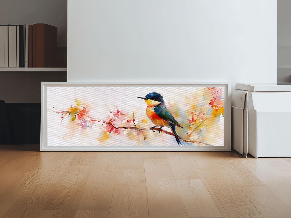 Kingfisher Cherry Blossom Branch Watercolor Bird Art Panoramic Poster - Image 6