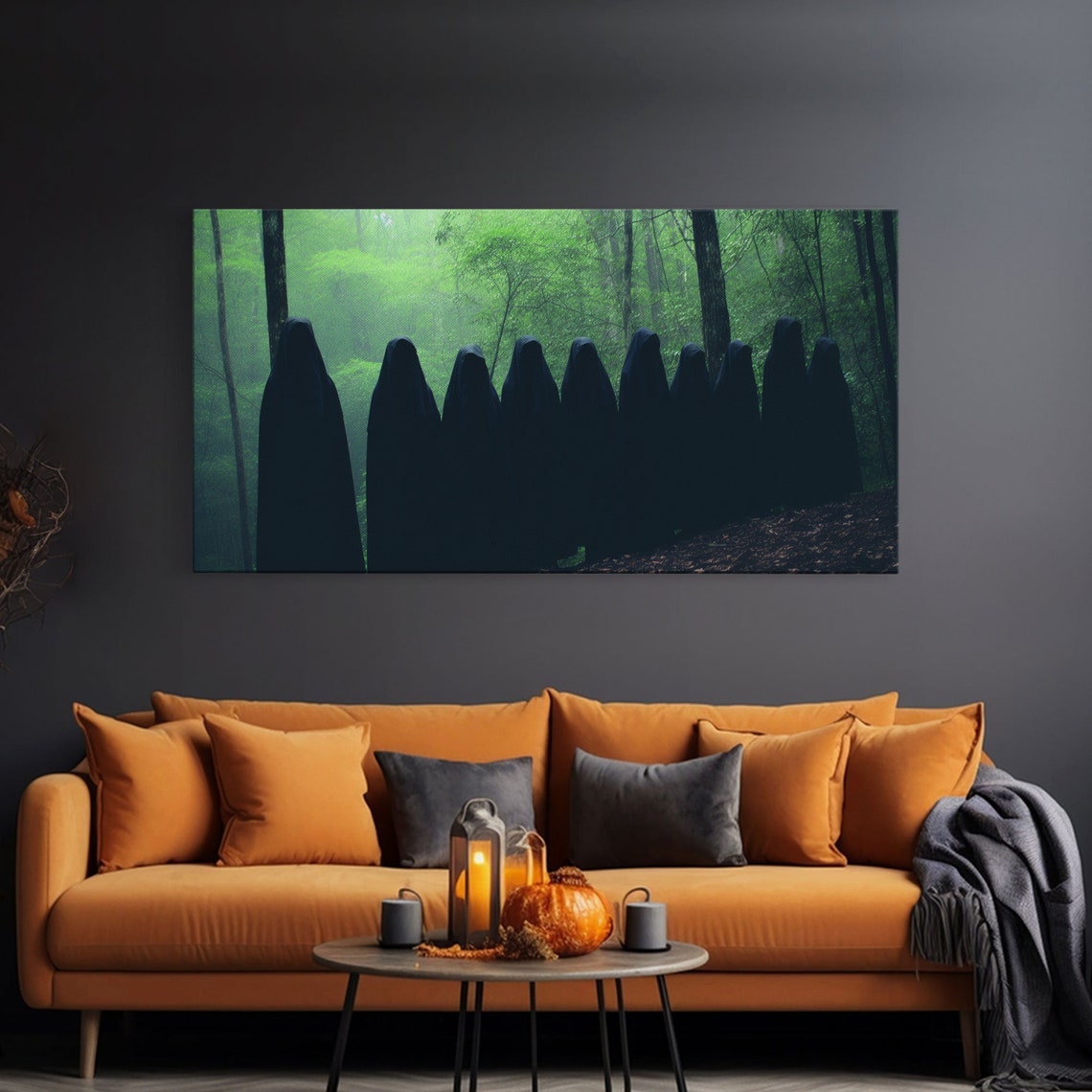 Hooded Cult Silhouettes In Misty Green Forest Panoramic Print