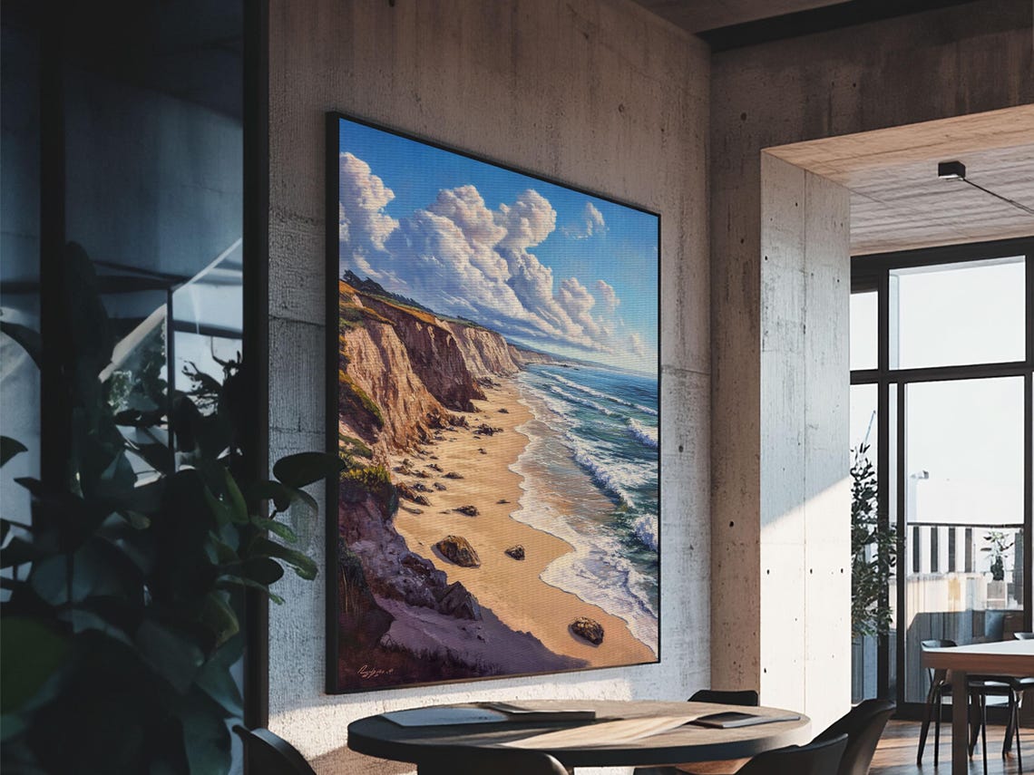 Sunny Beach Cliffs Turquoise Ocean Waves Coastal Seascape Art Poster - Image 3