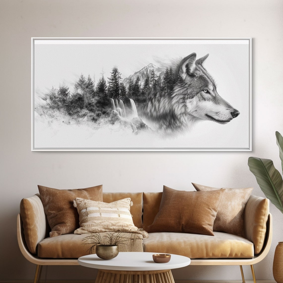 Wild Gray Wolf Head Pine Forest Waterfall Double Exposure Poster