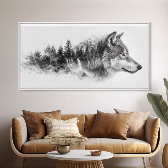 Wild Gray Wolf Head Pine Forest Waterfall Double Exposure Poster