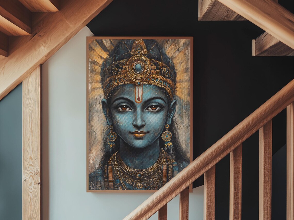 Lord Krishna Blue Deity Portrait Madhubani Style Spiritual Art Print - Image 5