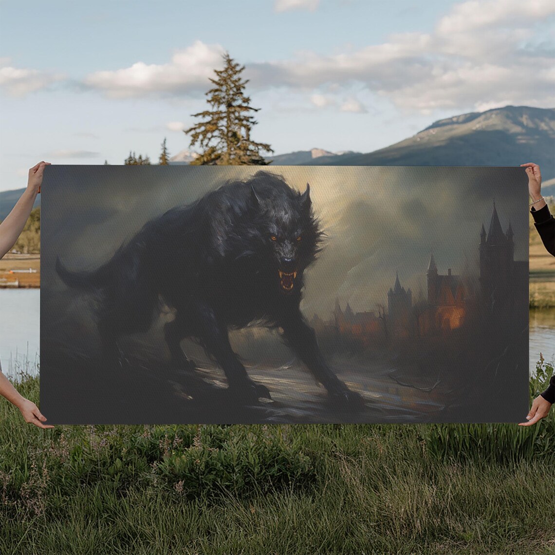 Giant Black Werewolf Gothic Castle Night Horror Painting Dark Poster