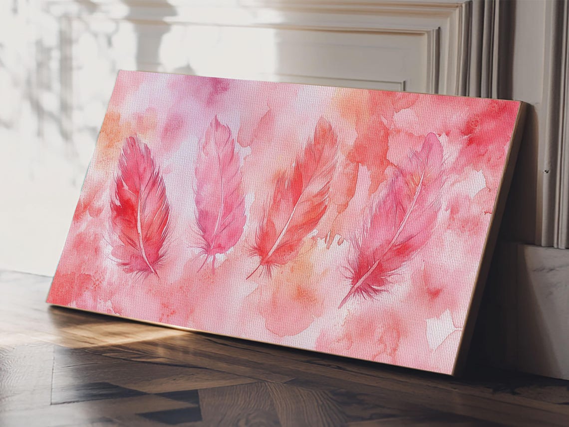 Pink Watercolor Feathers Wide Horizontal Blush Feather Art Print - Image 6