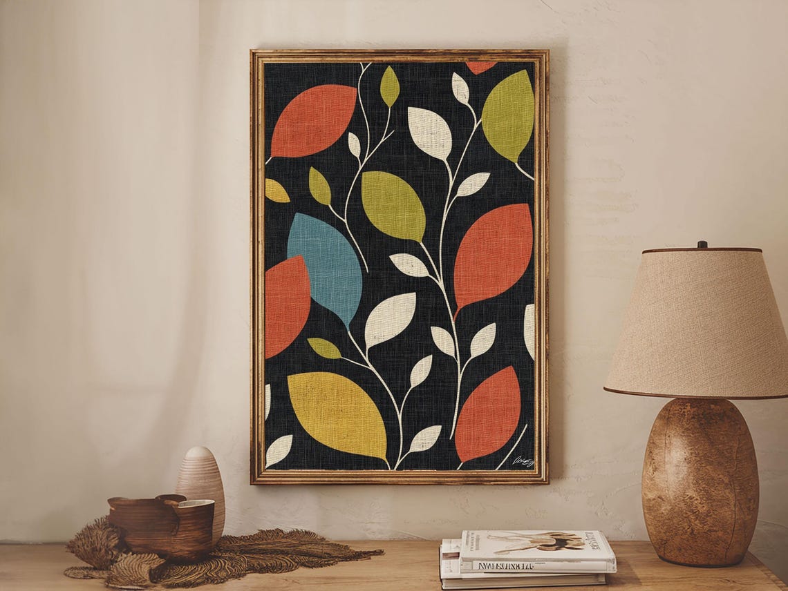 Mid Century Modern Leaf Pattern Colorful Boho Botanical Art Print