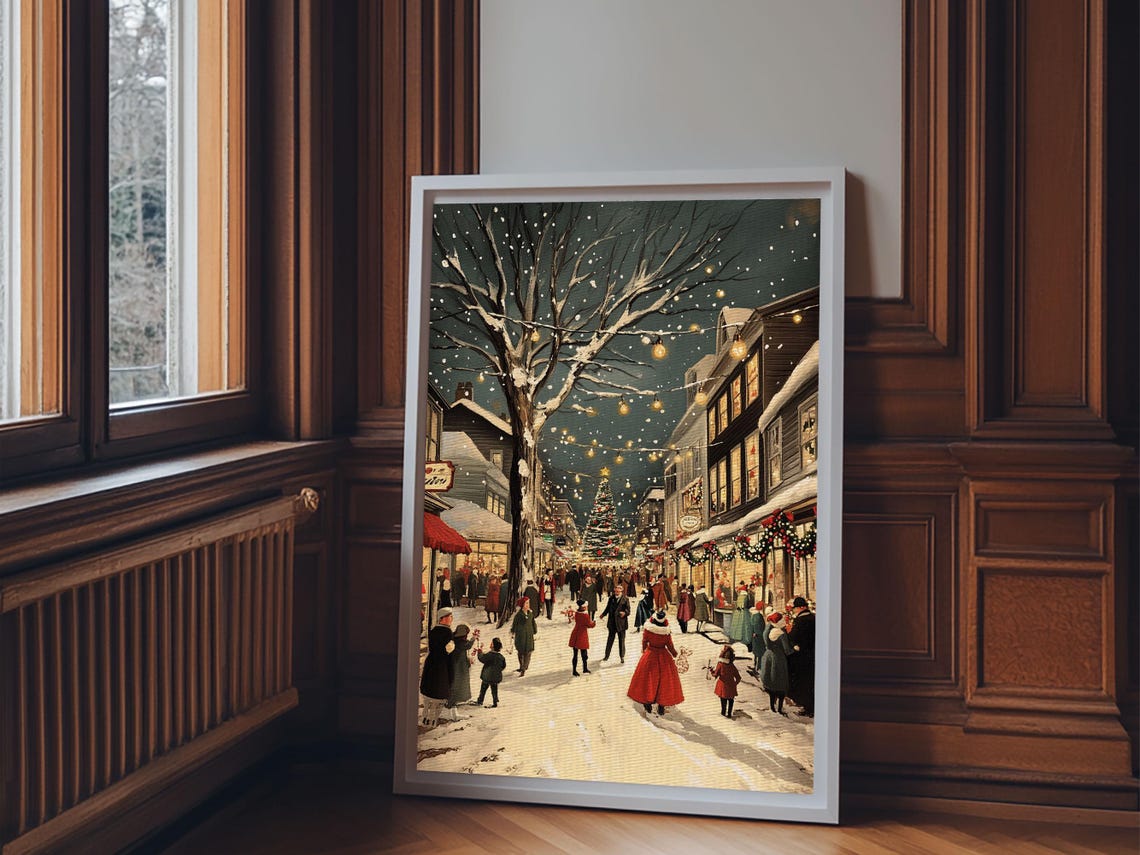 Christmas Eve Town Square Crowd Snowy Night Vintage Painting Poster - Image 2