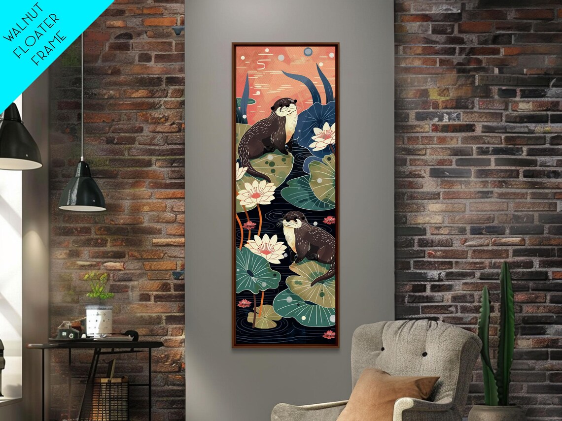 Playful Otters Lily Pad Pond Floral Cute Tall Vertical Art Print - Image 4