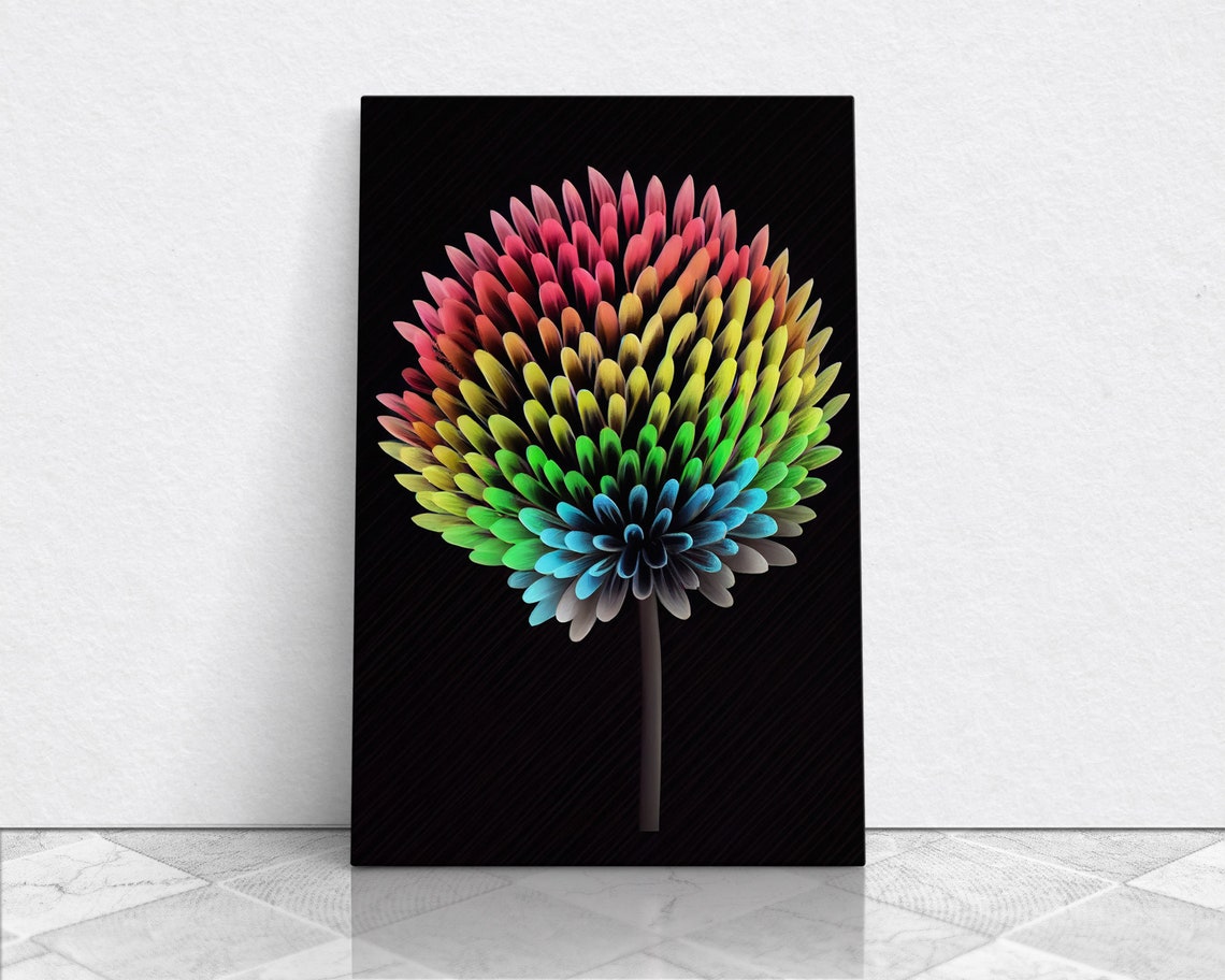Rainbow Dandelion Flower Neon Colors Black Background Floral Poster