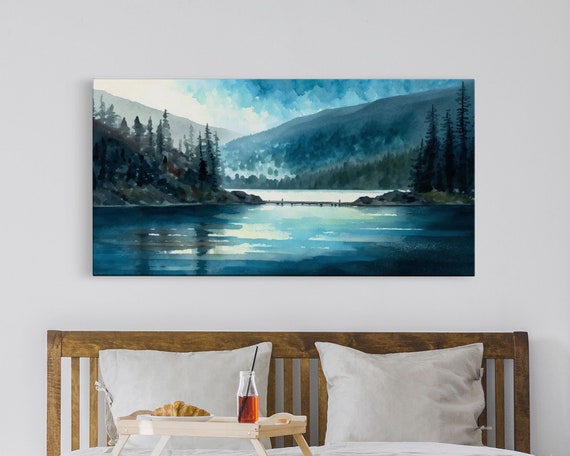 Mountain Lake Watercolor Landscape Painting Print Ready To Hang Large Gallery Wrapped Wall Art Prints With Floating Frames