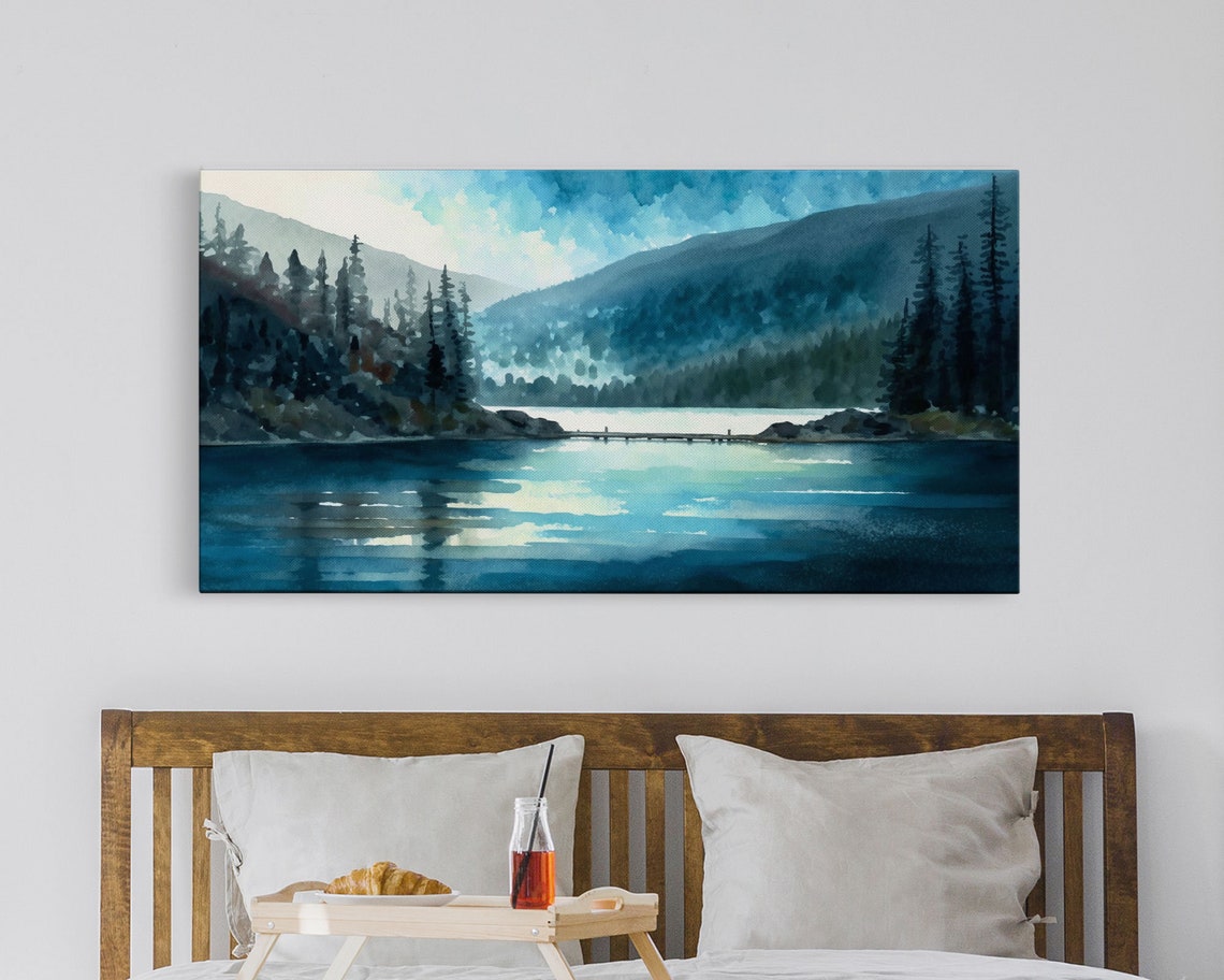Blue Mountain Lake Pine Forest Watercolor Calm Scenic Landscape Poster