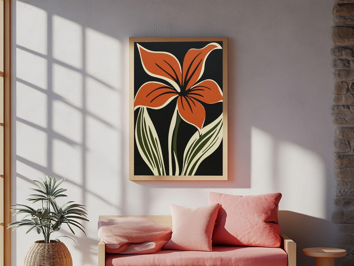 Orange Flower On Black Background, MCM Style Art Print - Image 6