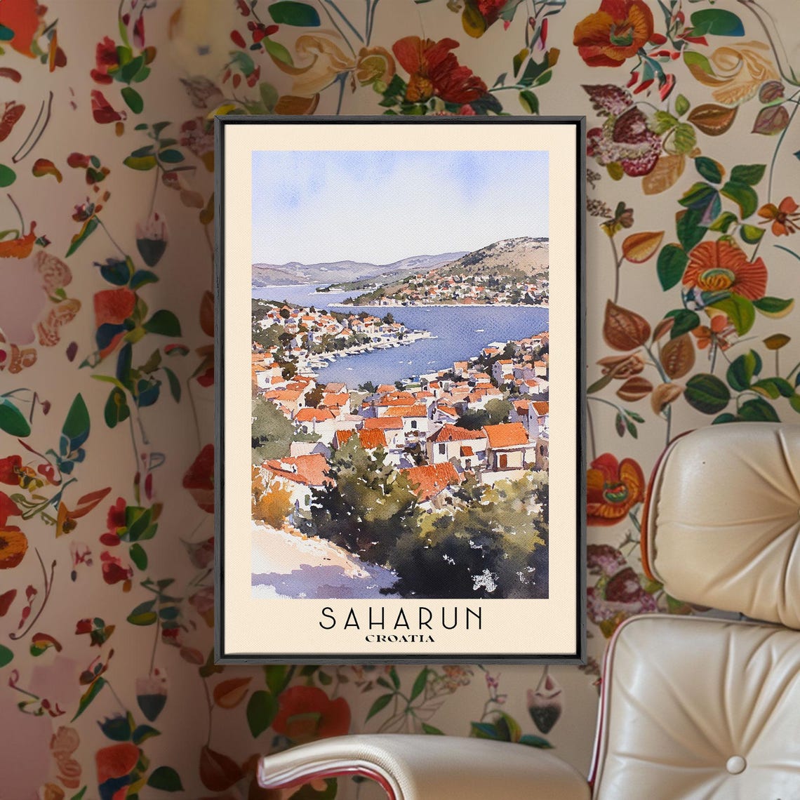 Saharun Croatia Old Town Harbor Orange Rooftop Watercolor Poster