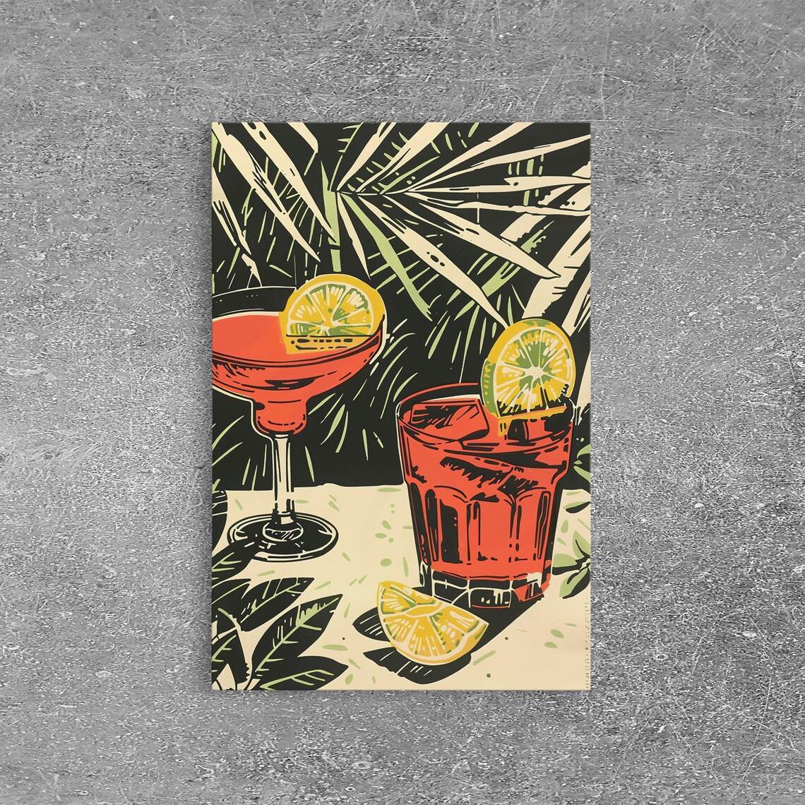 Retro Tropical Red Cocktails Palm Fronds Woodblock Style Bar Poster - Image 6