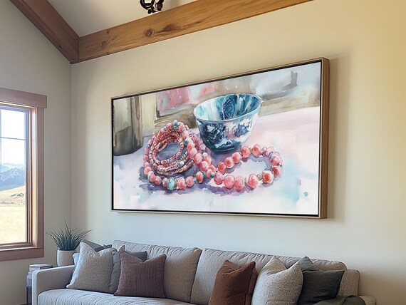 Beaded Necklace Print Whimsical Boho Jewelry Wall Art Pink And Blue Pastel Artwork Feminine Room Decor Gift Idea For Her