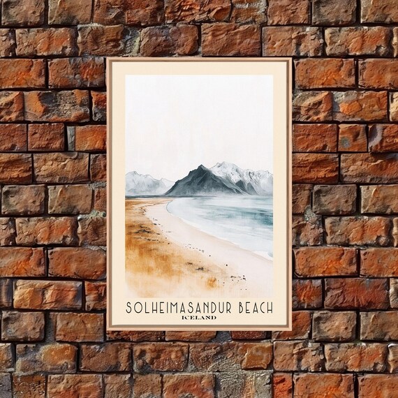 Solheimasandur Beach Iceland Black Sand Shore Dark Mountain Watercolor Poster