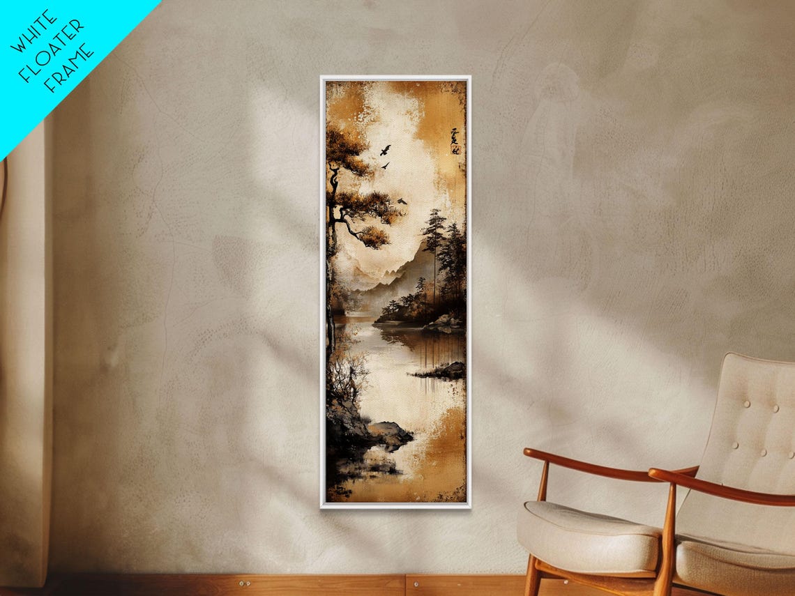 Tranquil Mountain Landscape Print Rustic Wall Art Serene Minimalist Decor Asian Inspired Nature Artwork Zen Framed Piece