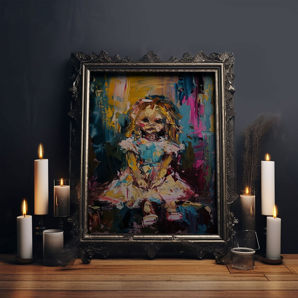 Whimsical Creepy Ghost Girl Abstract Impasto Halloween Art Poster - Image 5