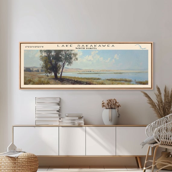Framed Print Lake House Decor Panoramic Print Lake Sakakawea Boho Art Travel Poster Art Wall Art Lake Painting Travel Print