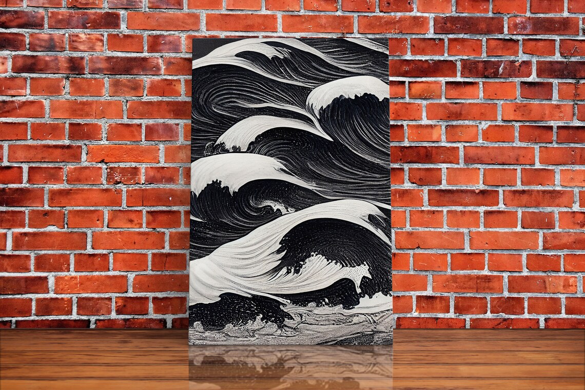 Black And White Tidal Waves Japanese-Style Art Print - Image 2