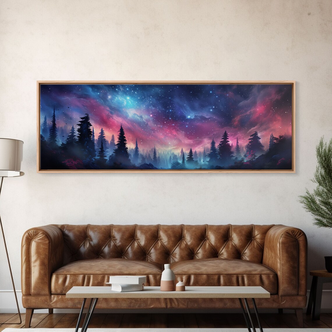 Starry Galaxy Night Over Pine Forest Cosmic Nebula Sky Panoramic Poster