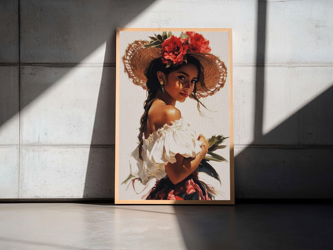 Latina Woman Straw Hat Red Flowers Portrait Mexican Wall Art Poster - Image 2