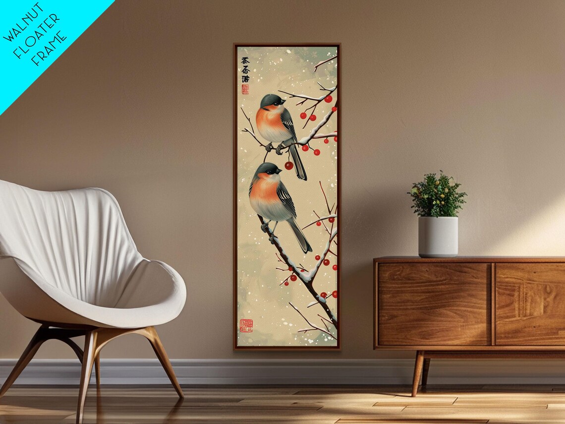 Pair Of Birds On Snowy Branches Red Berries Winter Art Print - Image 2