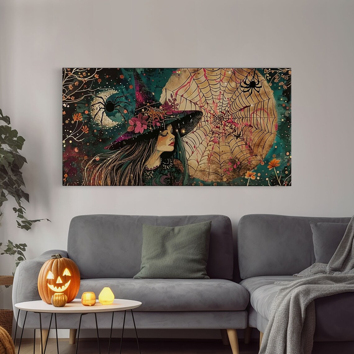 Cottagecore Witch Spider Web Moon Spiders Portrait Spooky Halloween Wall Art - Image 4