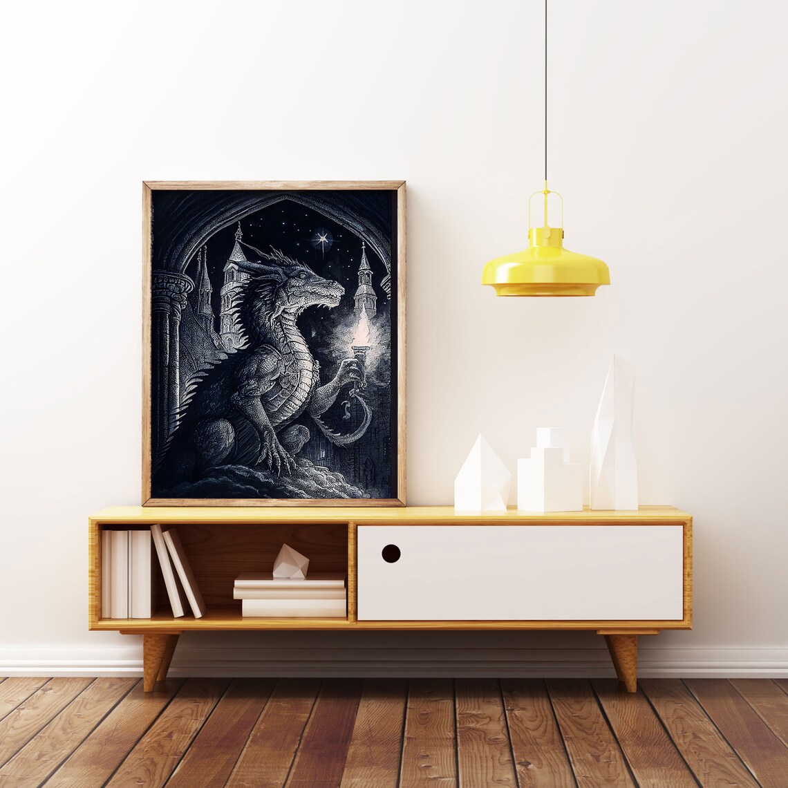 Dragon Holding A Torch, Black And White Poster Art - Image 2