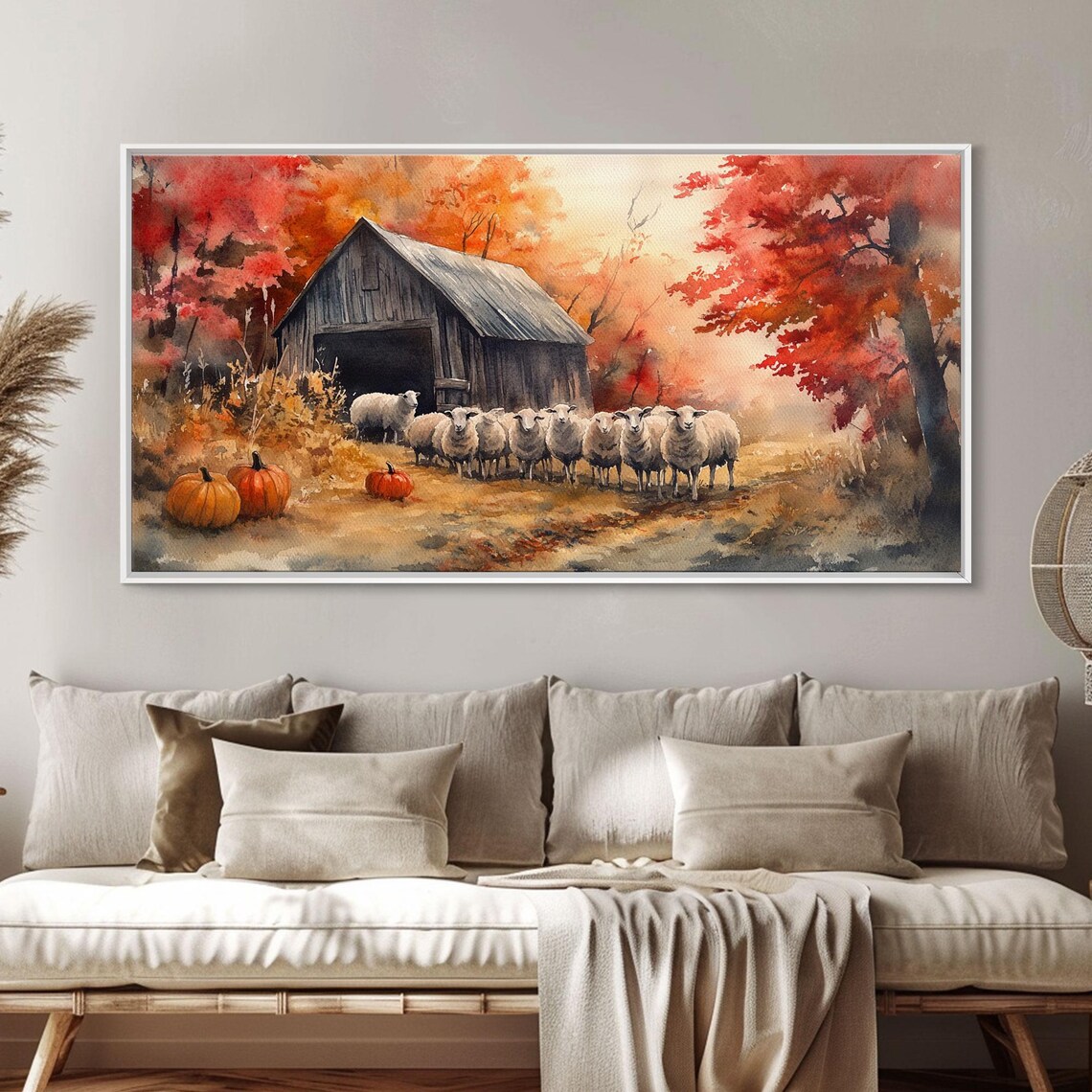 Woolly Sheep Flock By Old Barn With Pumpkins Autumn Art Print