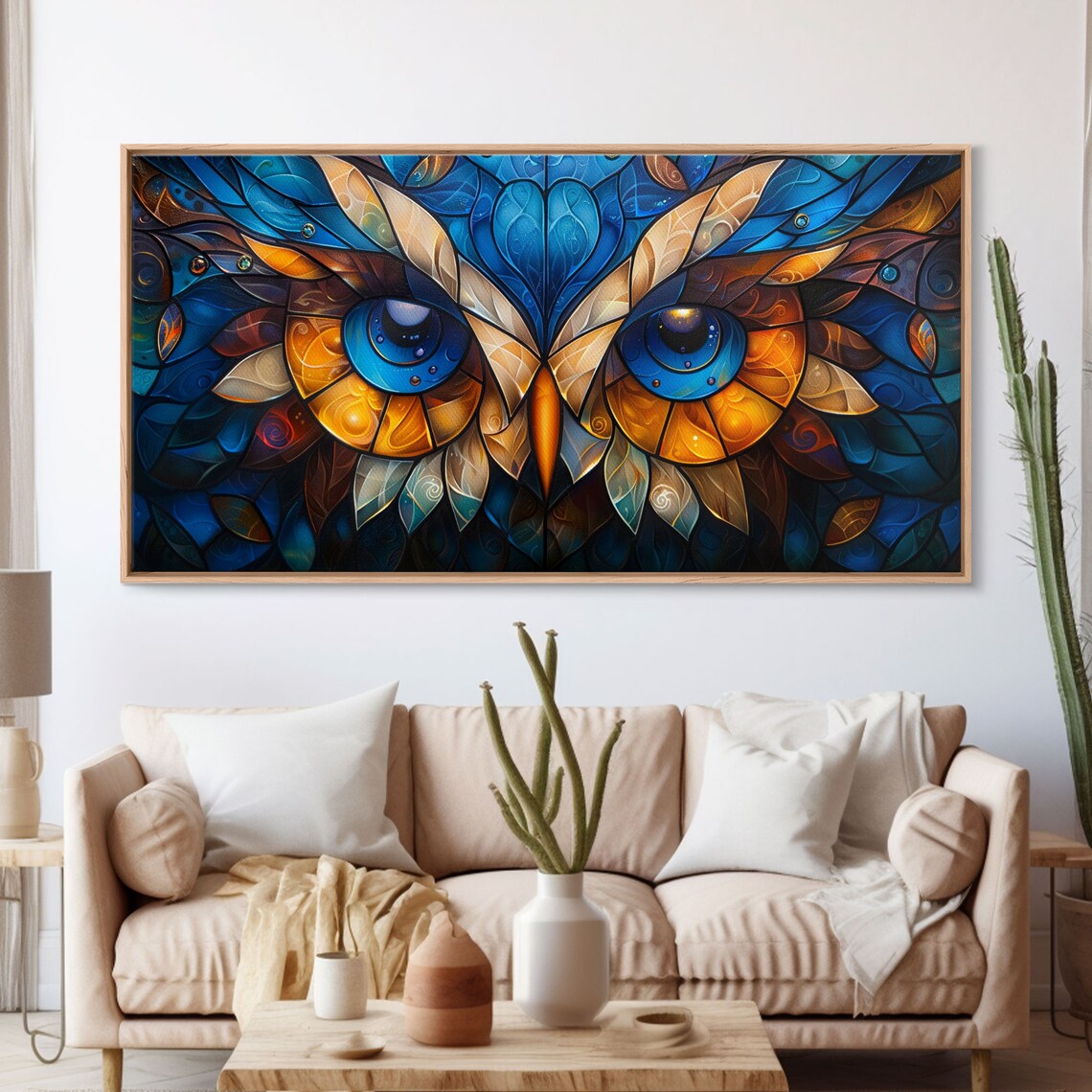 Stained Glass Owl Eyes Close Up Blue Gold Mosaic Face Art Poster - Image 3