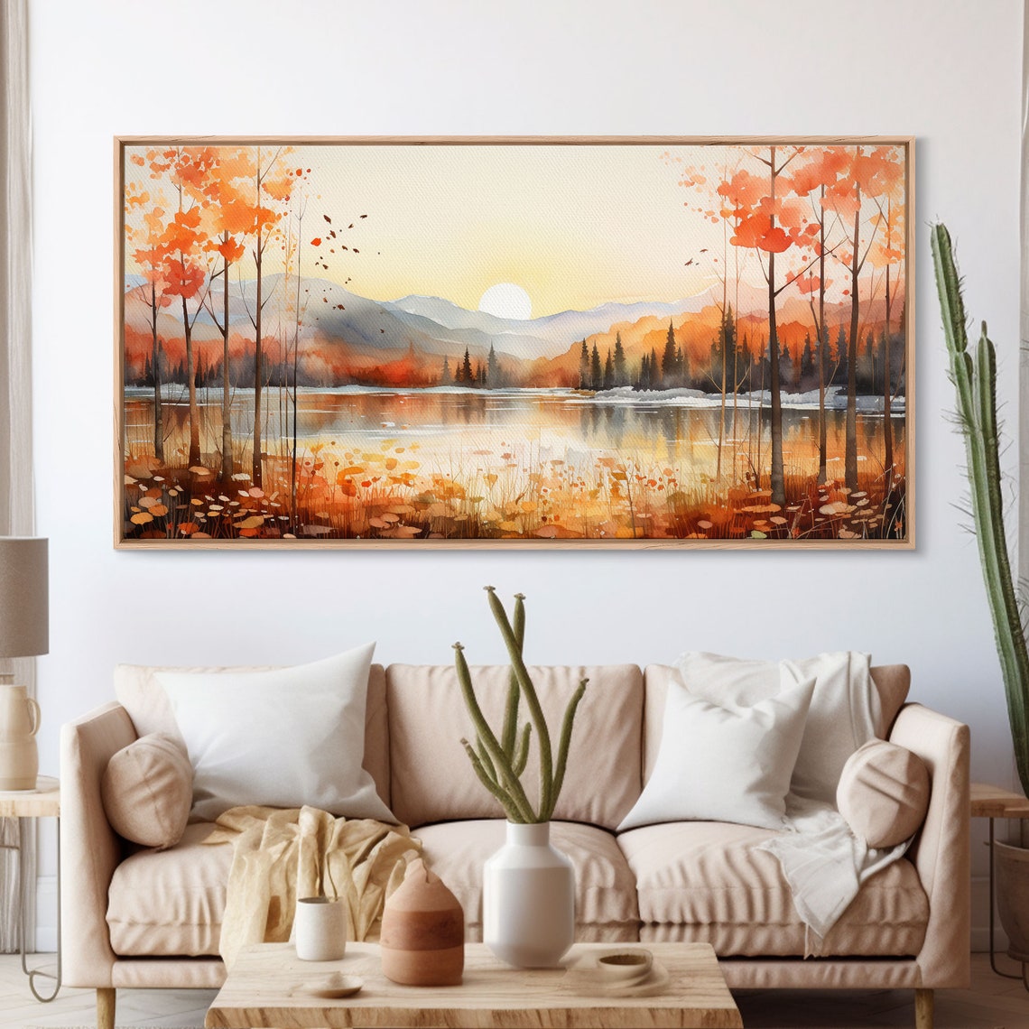 Autumn Sunset Lake Orange Trees Misty Mountains Watercolor Poster - Image 3