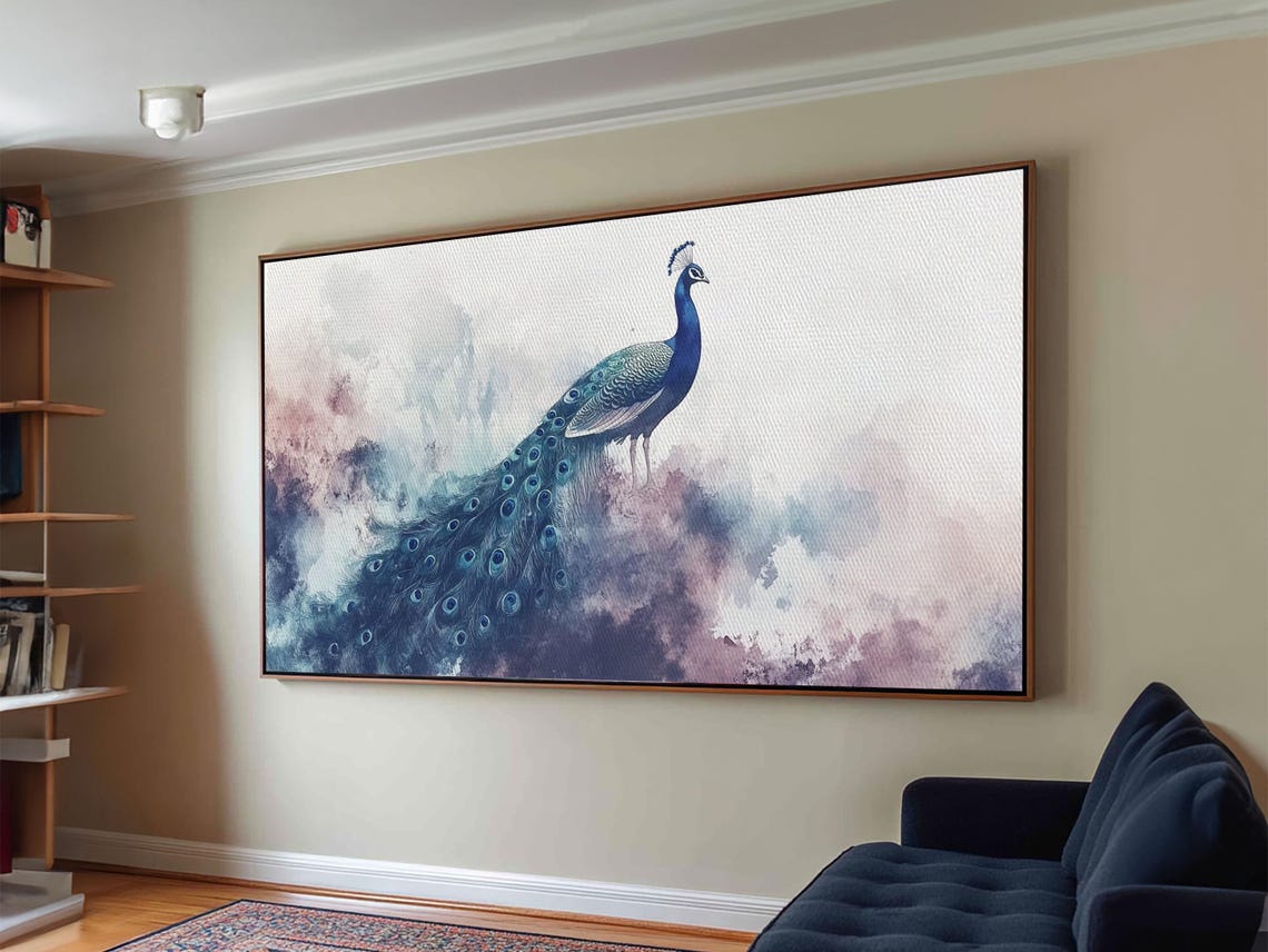 Peacock Watercolor Misty Blue Purple Elegant Wildlife Wall Art Poster - Image 2