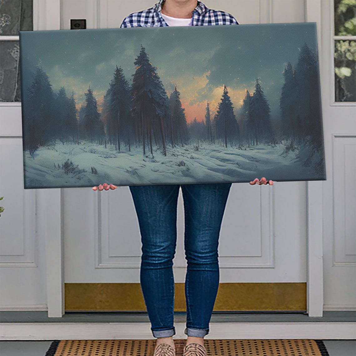 Snowy Forest Dusk Orange Horizon Dark Pines Winter Night Wall Art - Image 4