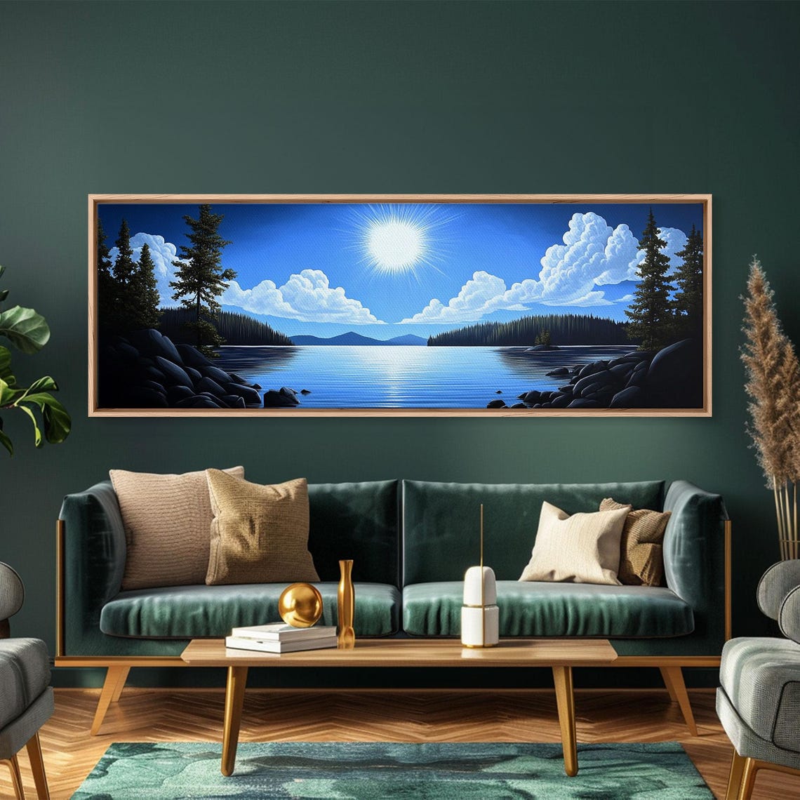 Bright Blue Lake Sun Clouds Pine Trees Panoramic Scenic Poster - Image 3