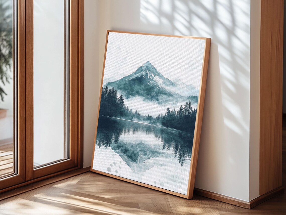 Fog In The Mountains Framed Print Pacific Northwest Cascade Mountains Emerald Green Landscape Painting Boho Decor